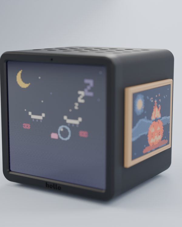 Another rendered studio shot of a black Hollo with the jack-o'-lantern painting