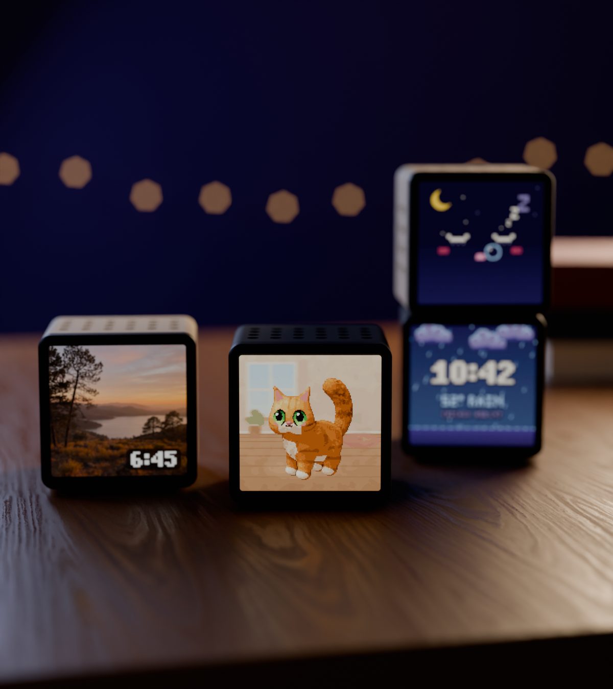 Rendered scene: four Hollo cubes in cream and black on a dark wooden desk at night, showing a pixel-art cat, a photo with the time, the weather and clock, and a sleeping face, string lights blurred behind