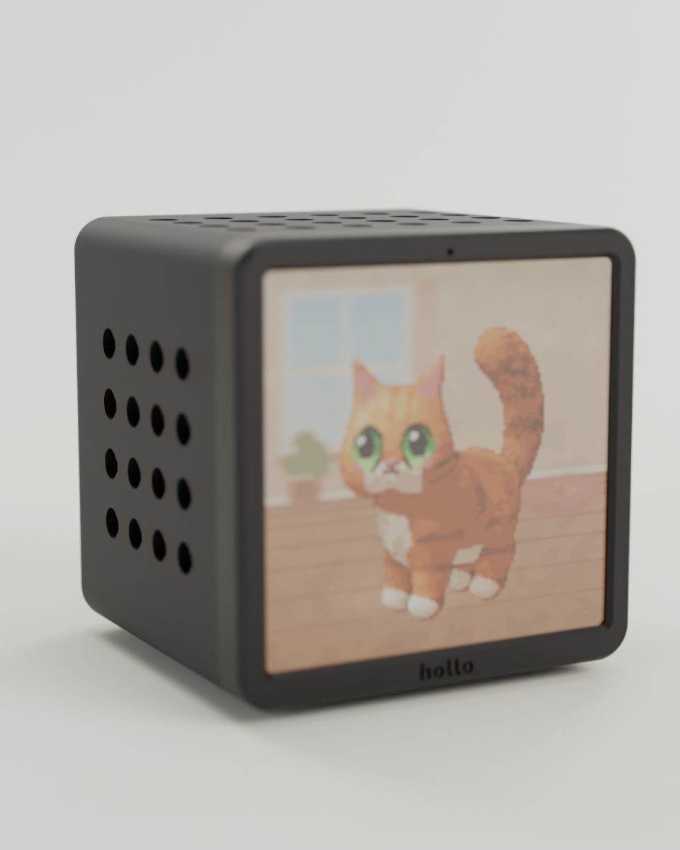 Rendered studio shot of a black Hollo, angled, showing a pixel cat on its screen