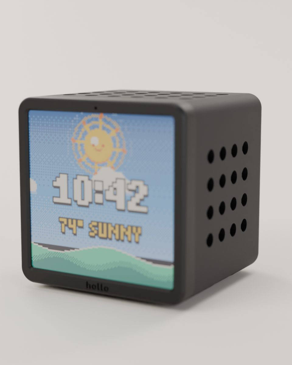 Rendered studio shot of a black Hollo from the other side, showing the clock with sunny weather