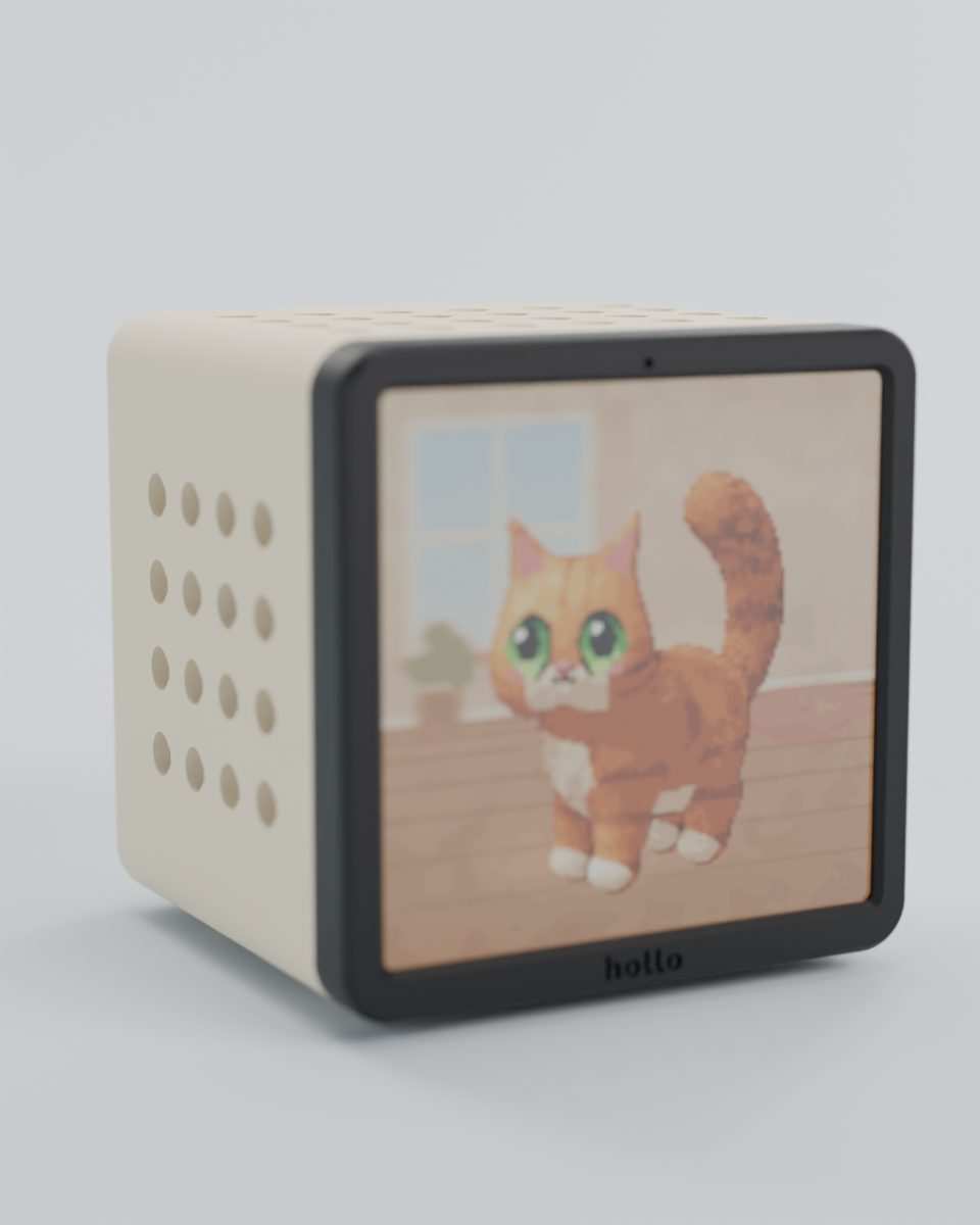 Rendered studio shot of a cream Hollo showing a pixel cat