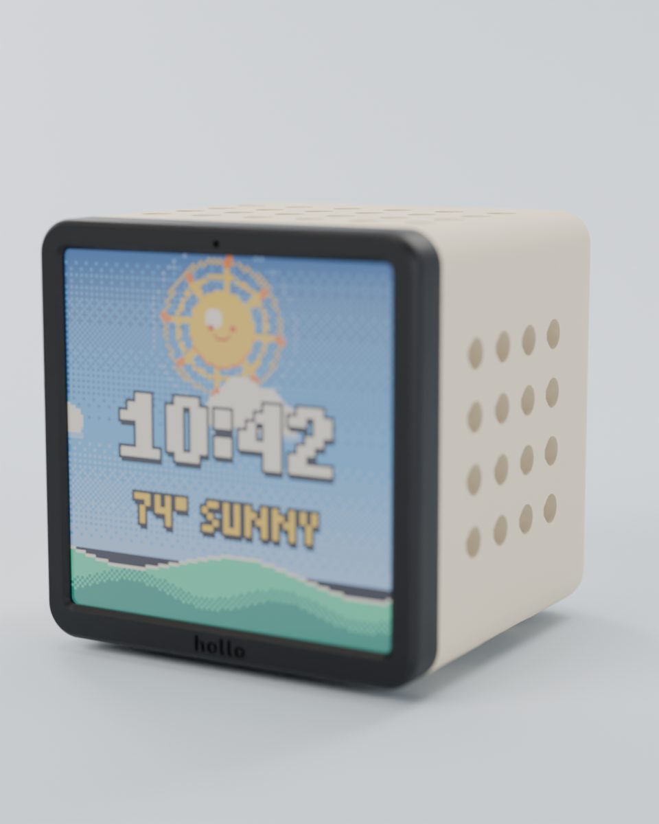 Rendered studio shot of a cream Hollo from the other side, showing the clock with sunny weather