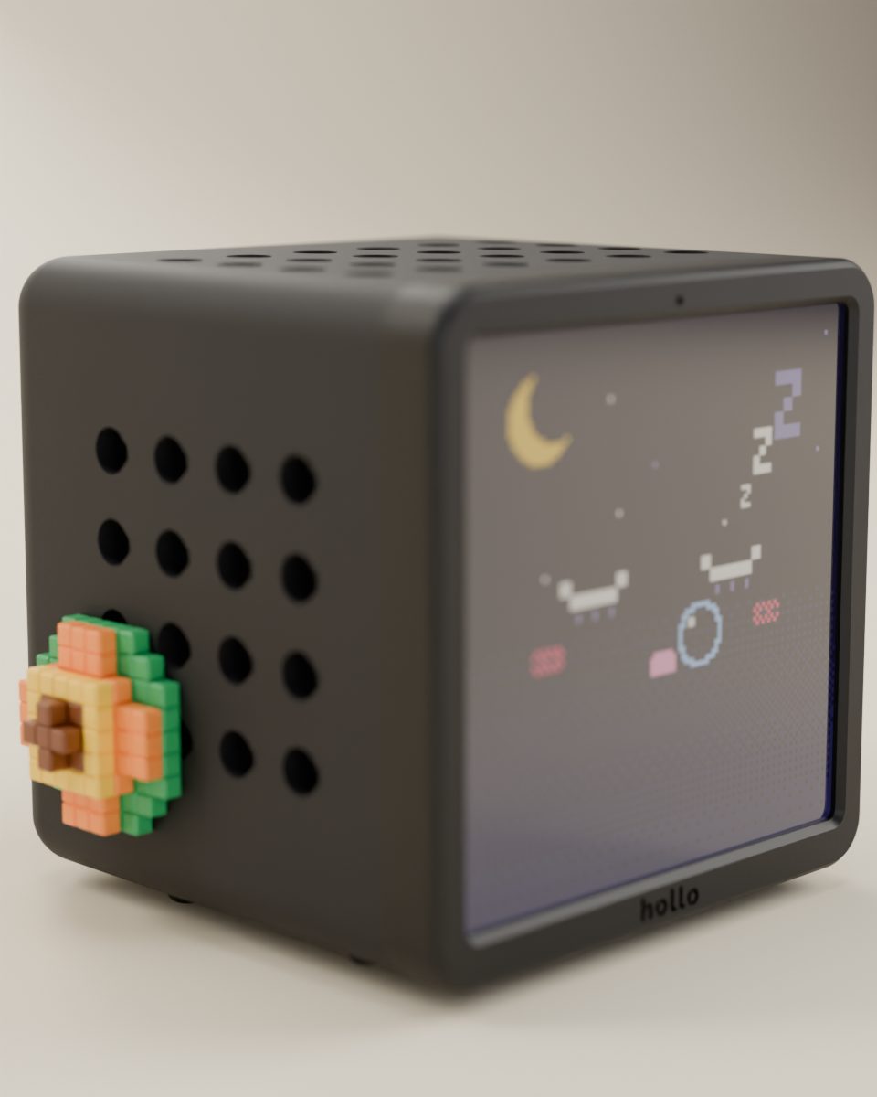 Rendered studio shot: a black Hollo with the pixel flower