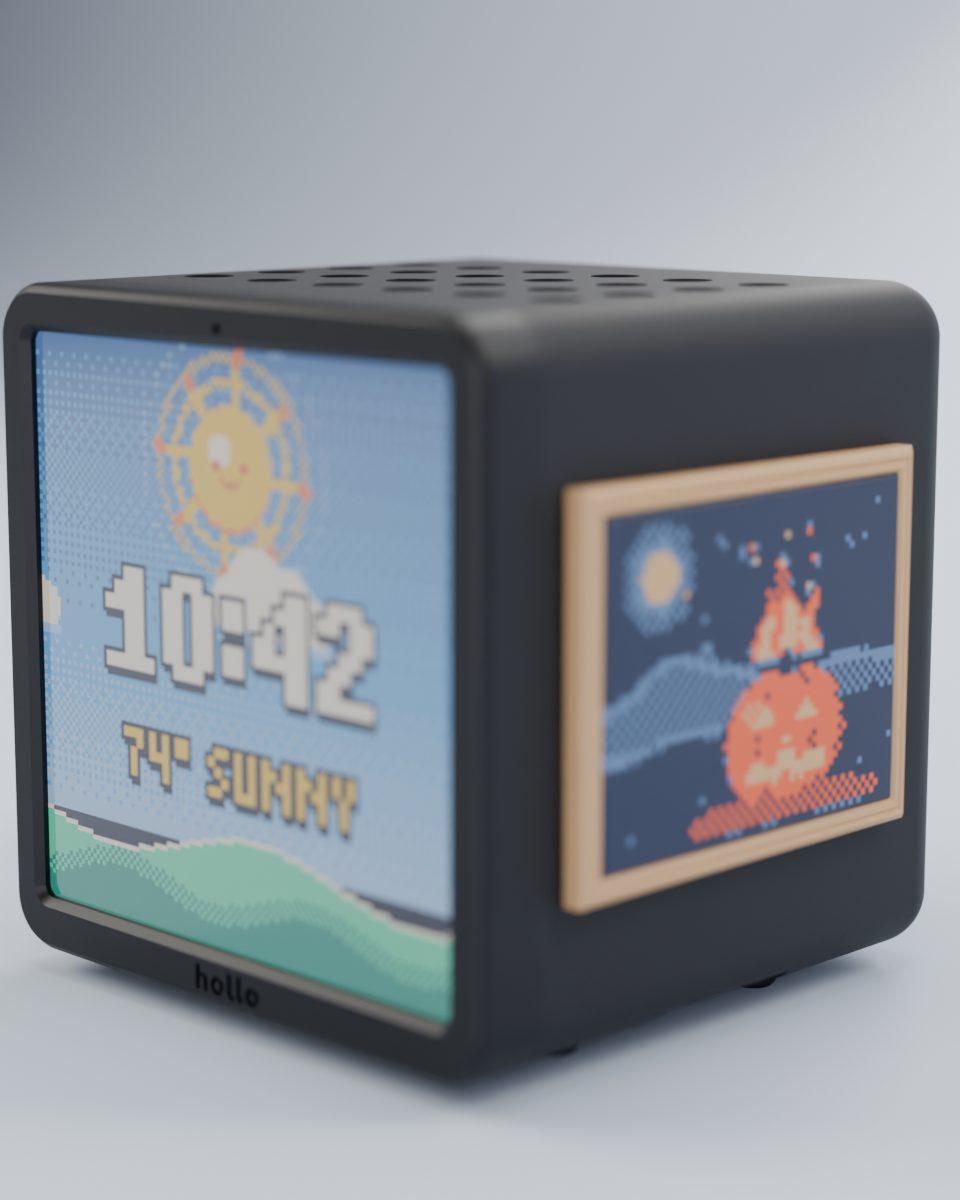 Rendered studio shot: a black Hollo with the jack-o'-lantern painting
