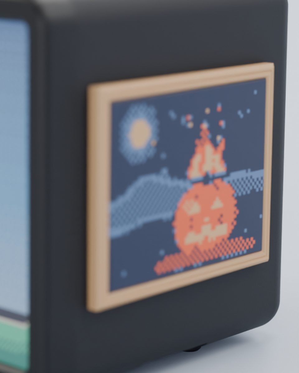 Close-up render of the jack-o'-lantern painting with a black Hollo