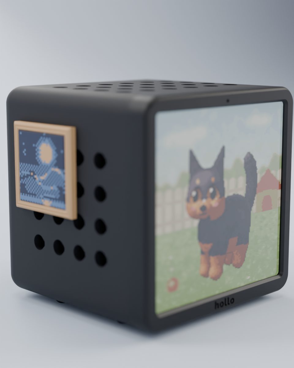Rendered studio shot: a black Hollo with the moon painting