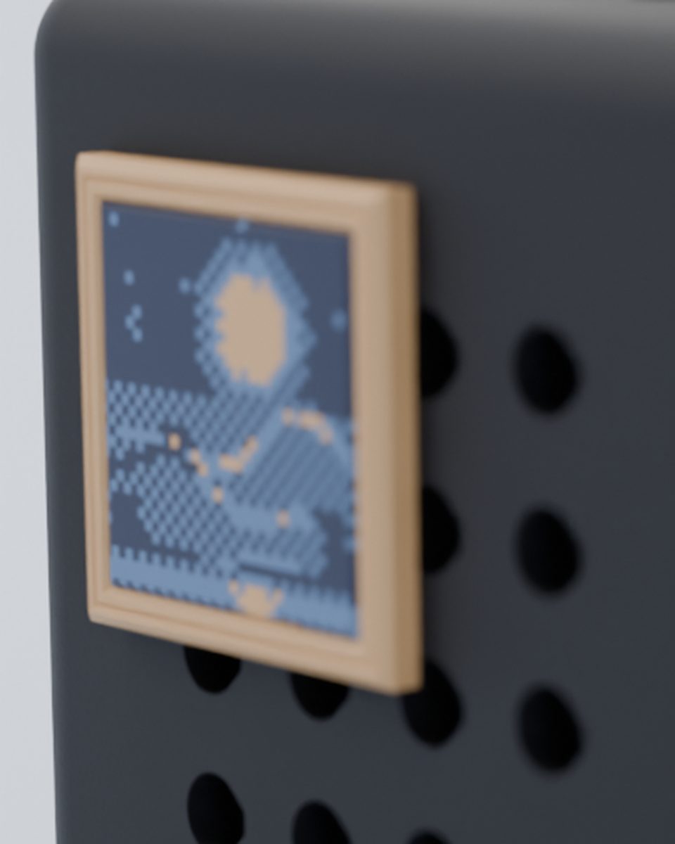 Close-up render of the moon painting with a black Hollo