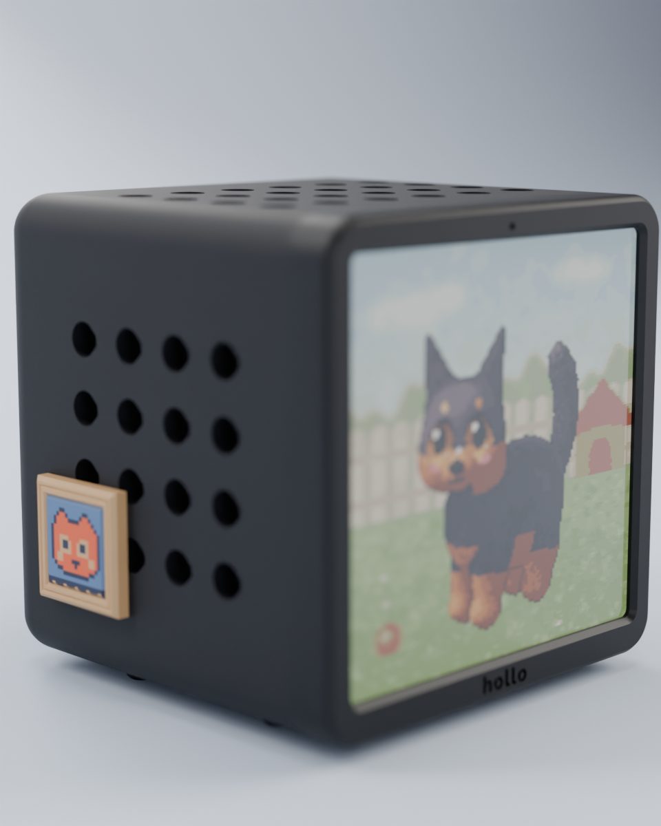 Rendered studio shot: a black Hollo with the cat painting