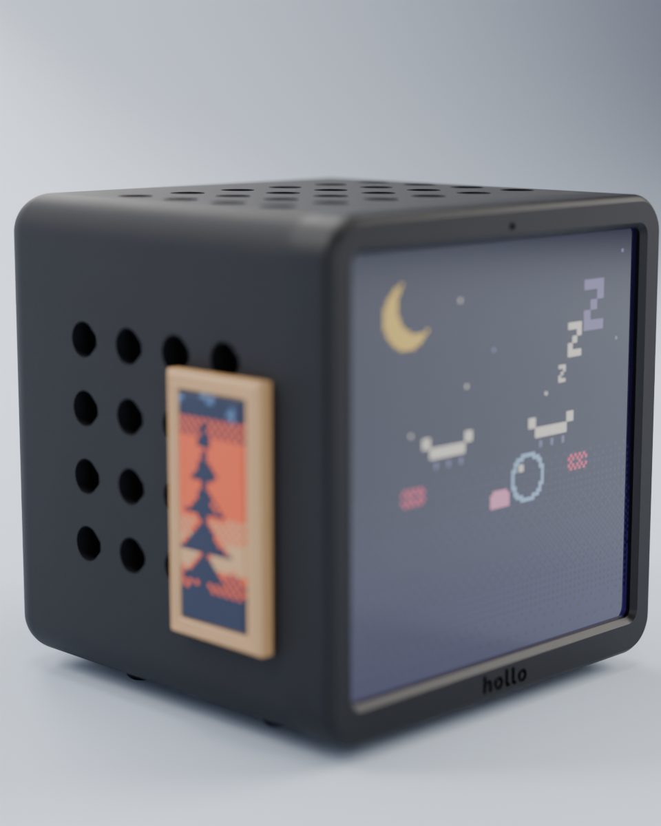 Rendered studio shot: a black Hollo with the pine painting