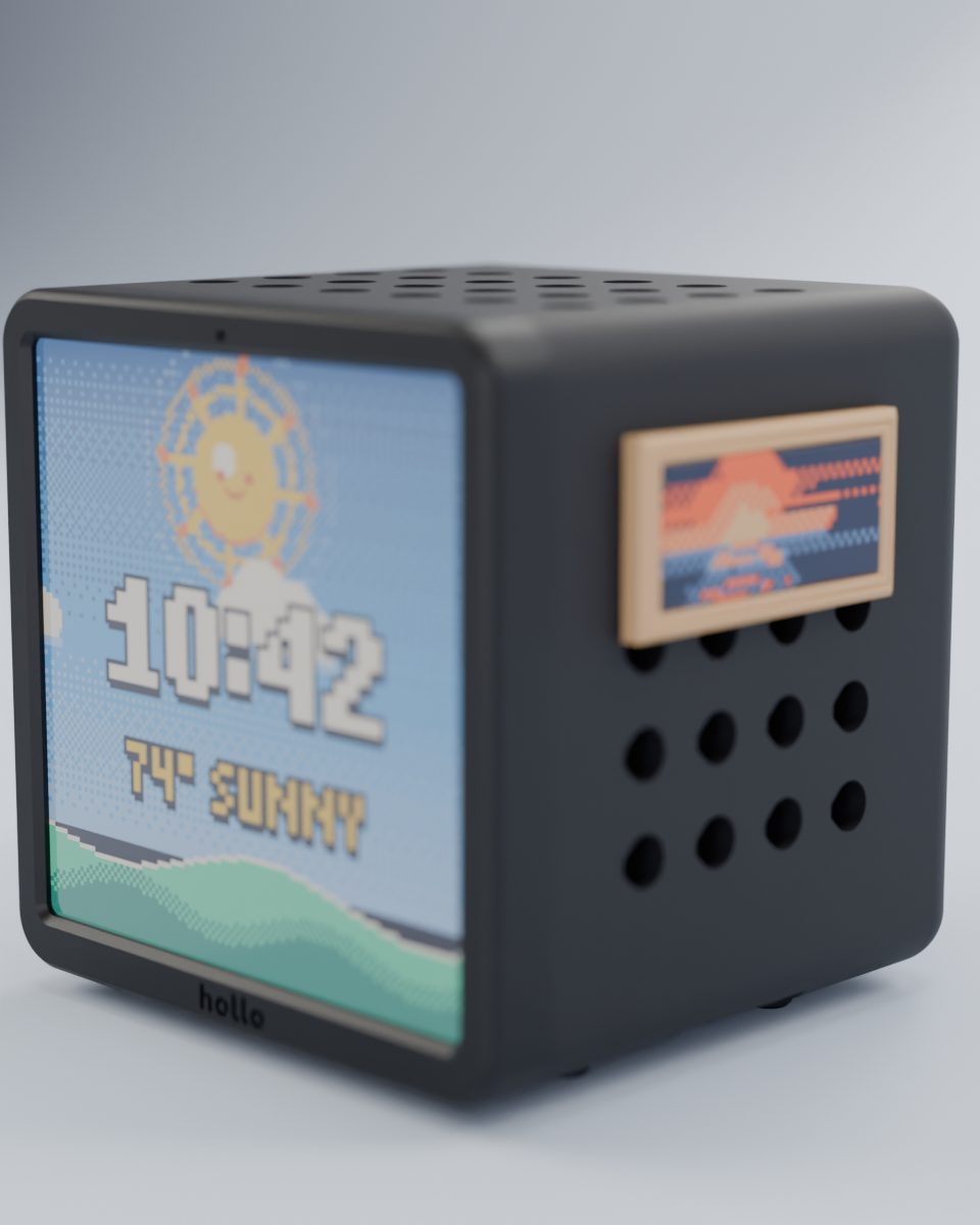Rendered studio shot: a black Hollo with the sunset painting