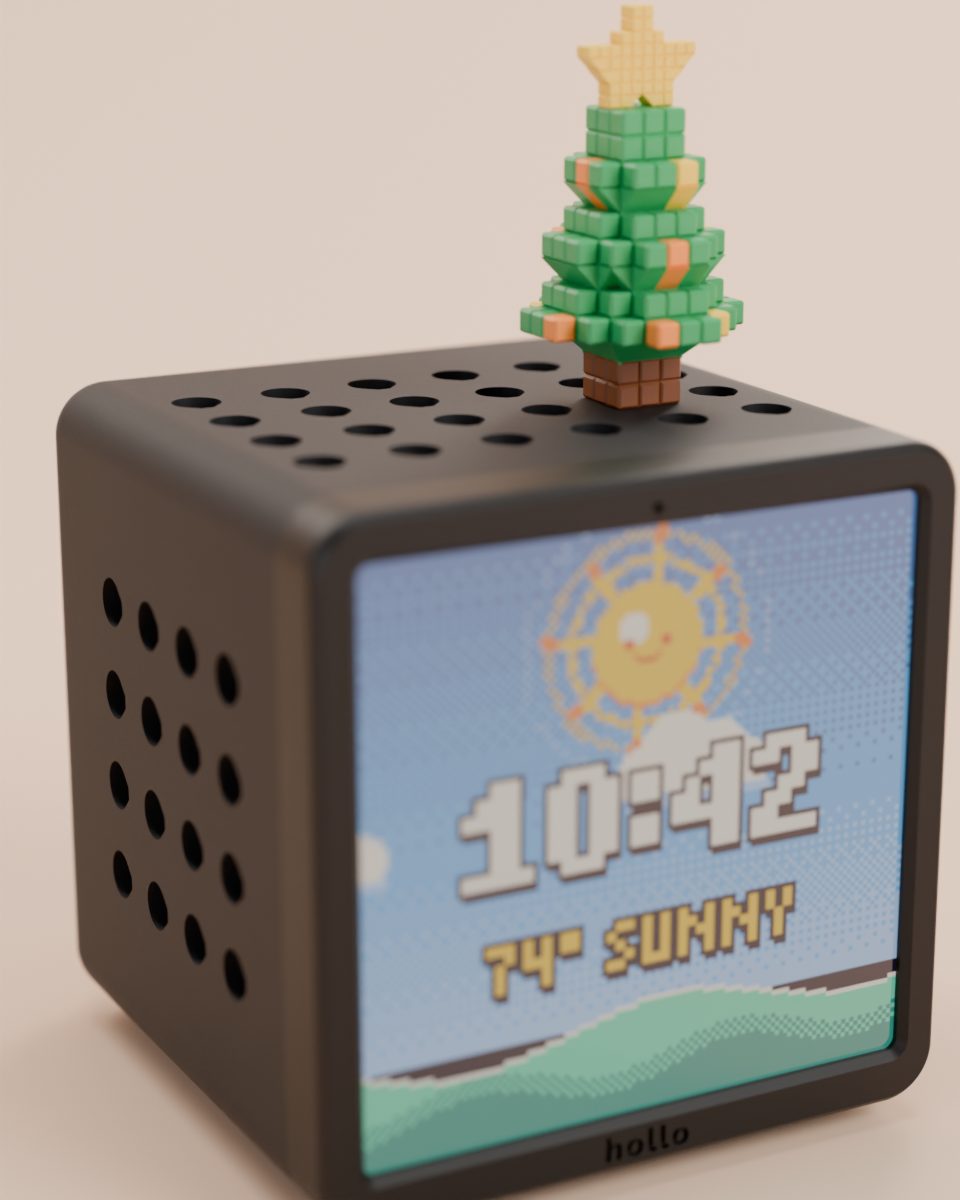 Rendered studio shot: a black Hollo with the holiday tree