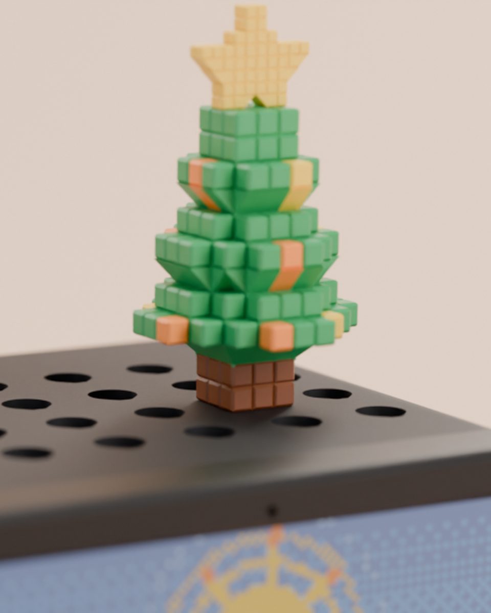 Close-up render of the holiday tree with a black Hollo