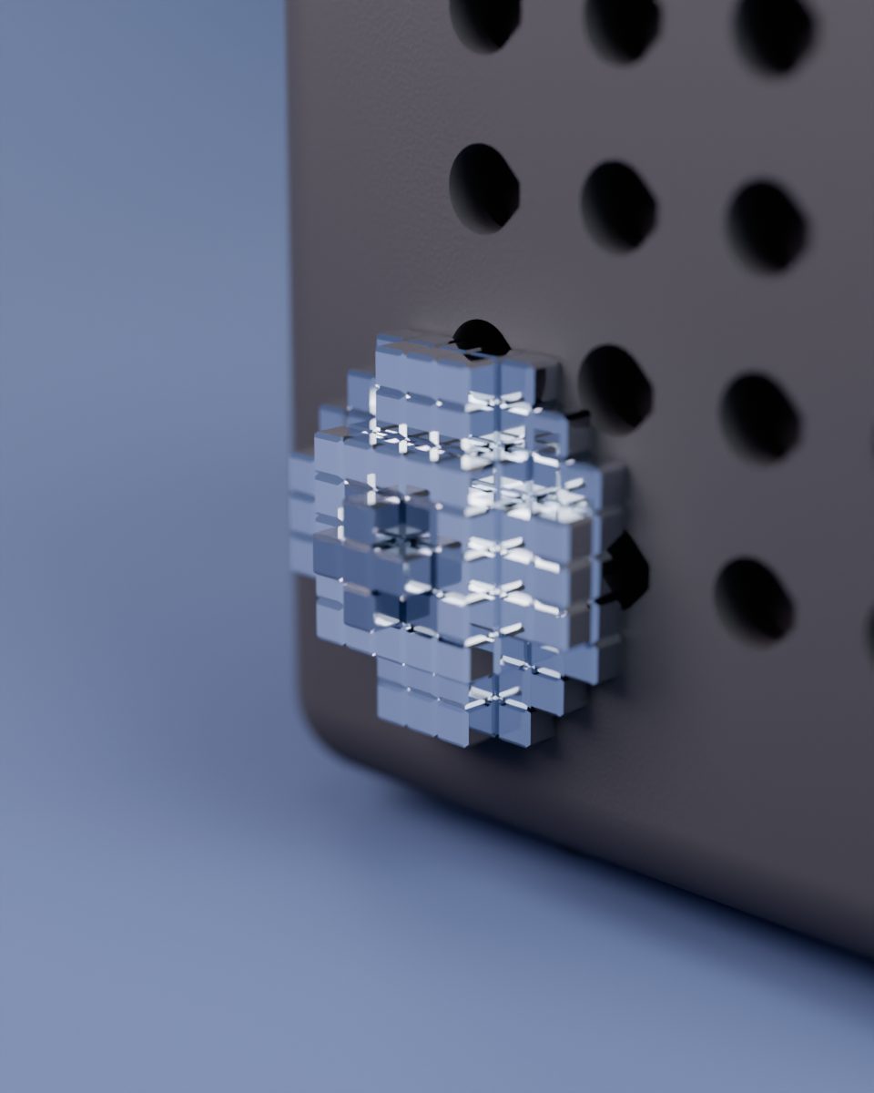 Rendered studio shot: the pixel flower in its Reflective finish, mirror chrome
