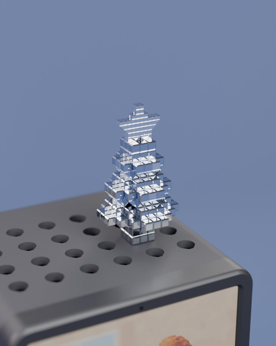 Rendered studio shot: the holiday tree in its Reflective finish, mirror chrome