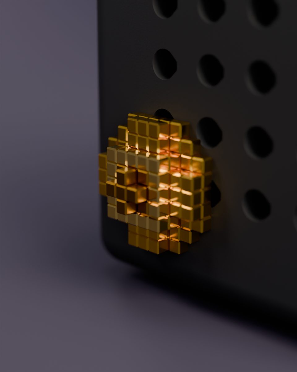 Rendered studio shot: the pixel flower in its Golden finish, polished gold