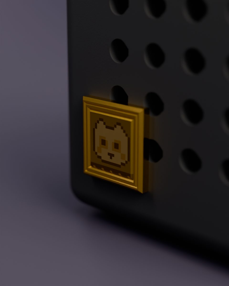 Rendered studio shot: the cat painting in its Golden finish, polished gold