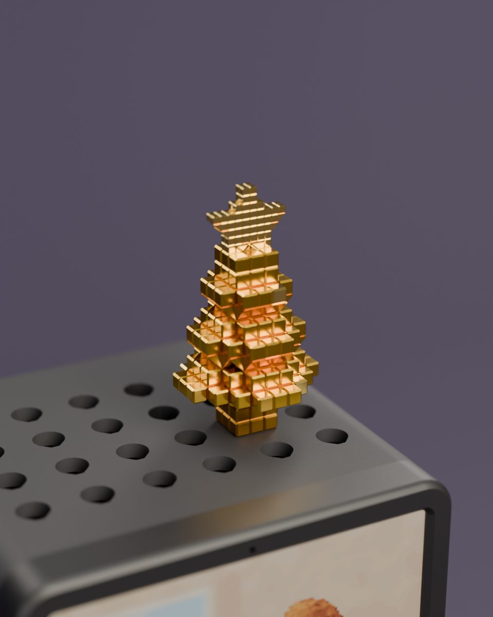 Rendered studio shot: the holiday tree in its Golden finish, polished gold