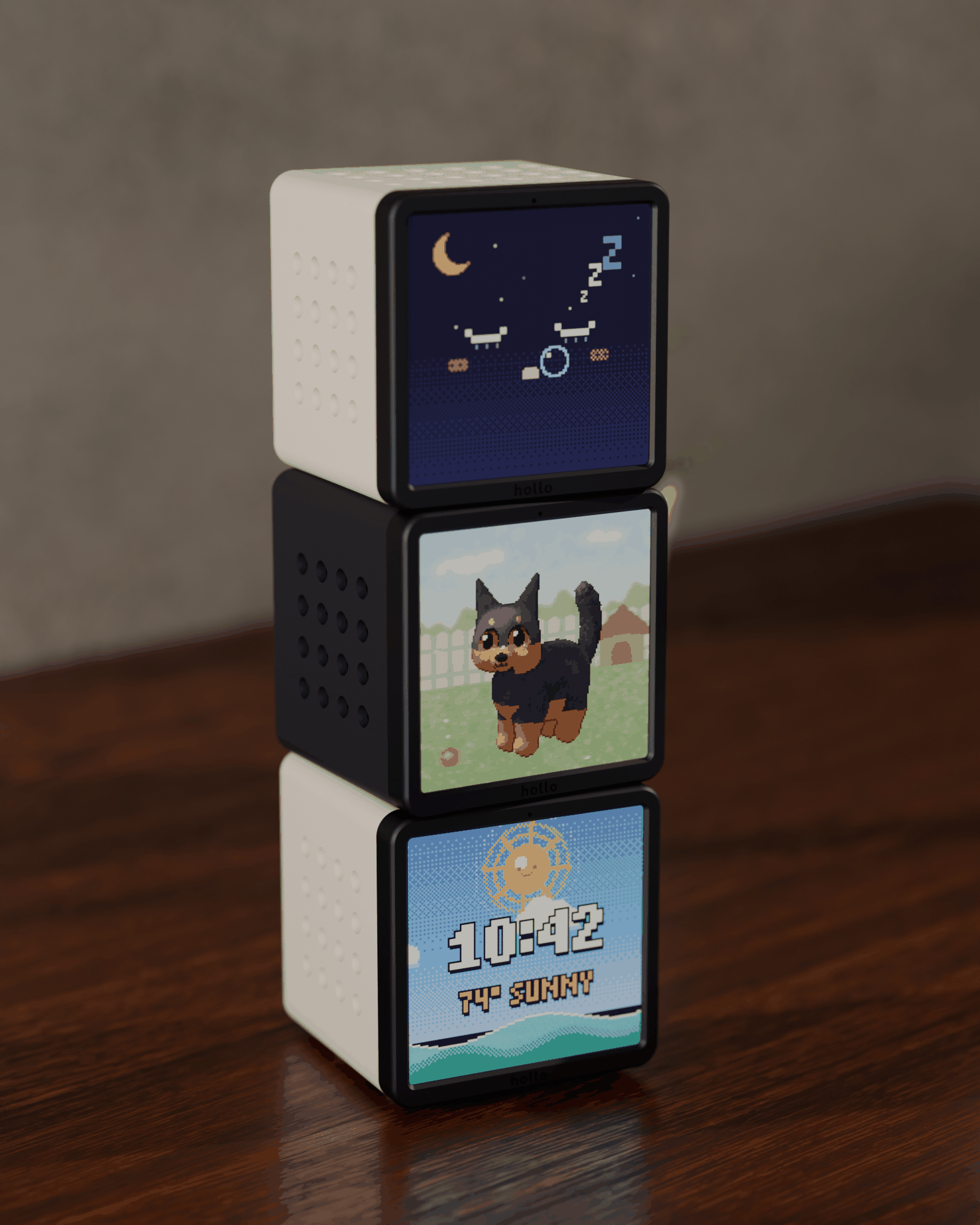 Rendered scene: three Hollo cubes stacked on a sunny desk, cream, black and cream
