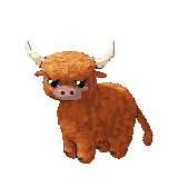 Animated pixel-art highland cow, grown up, idling on its screen background