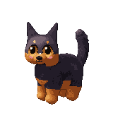 Animated pixel-art dog, grown up, idling on its screen background